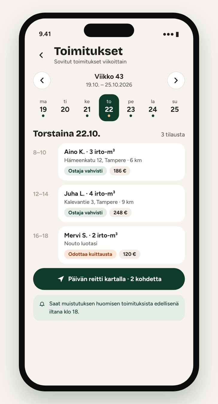 Toimituskalenteri: viikon toimitukset ja päivän reitti