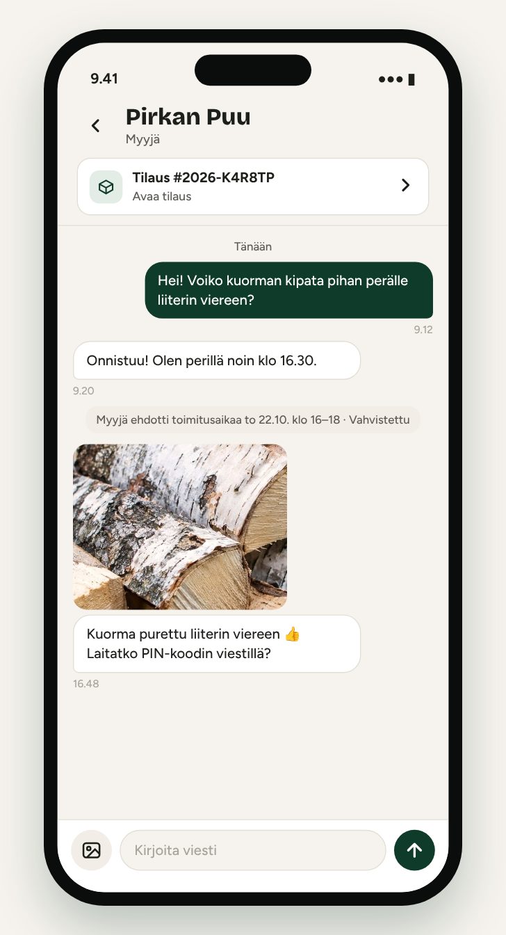 Viestit: purkupaikasta sopiminen ja kuva kuormasta