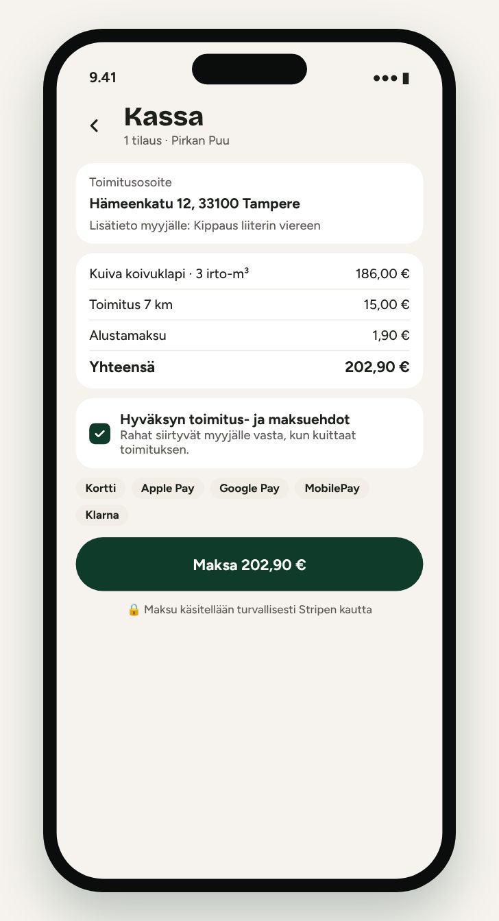 Kassa: toimitusosoite, yhteenveto ja maksu