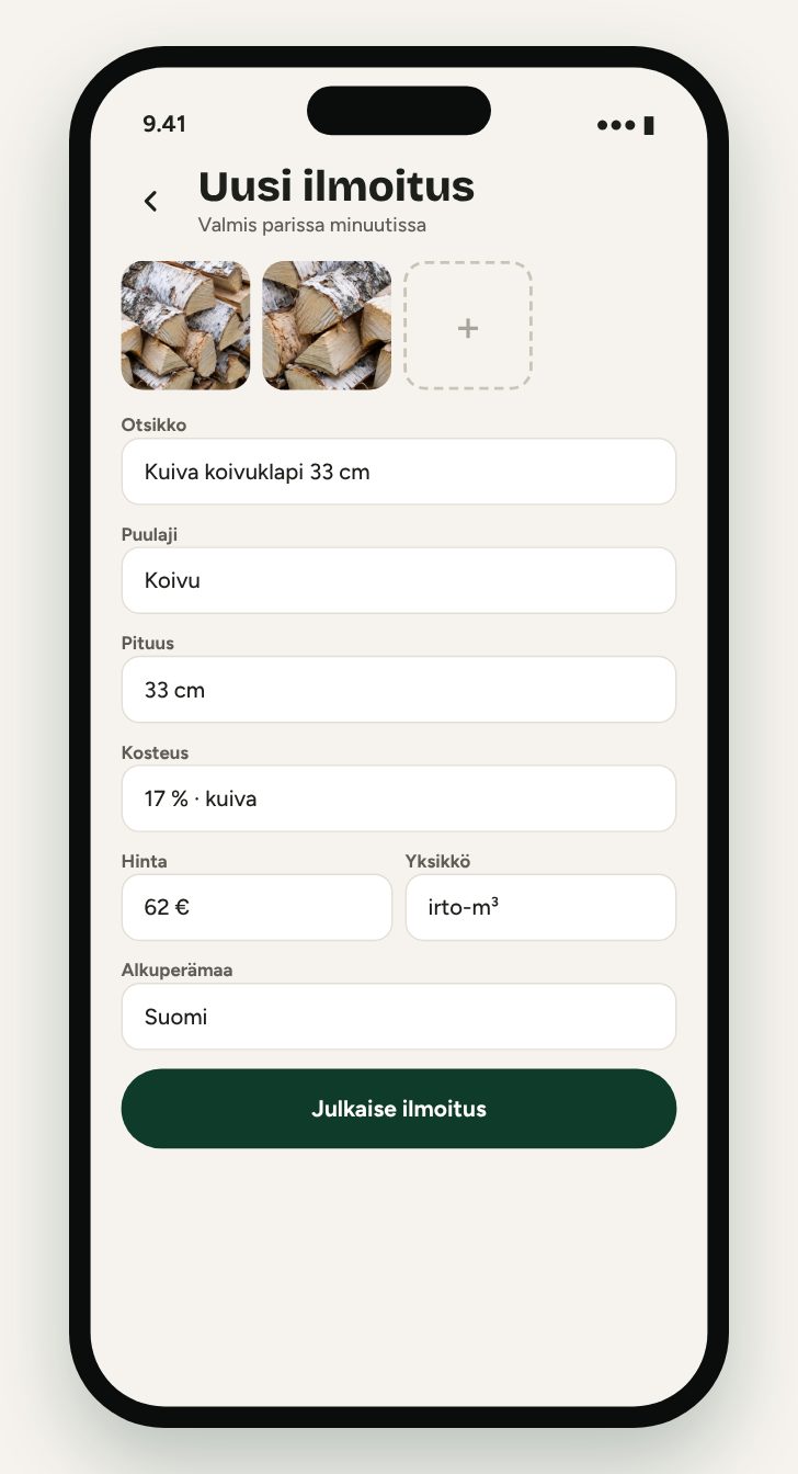 Uusi ilmoitus: kuvat, puulaji, pituus, kosteus ja hinta