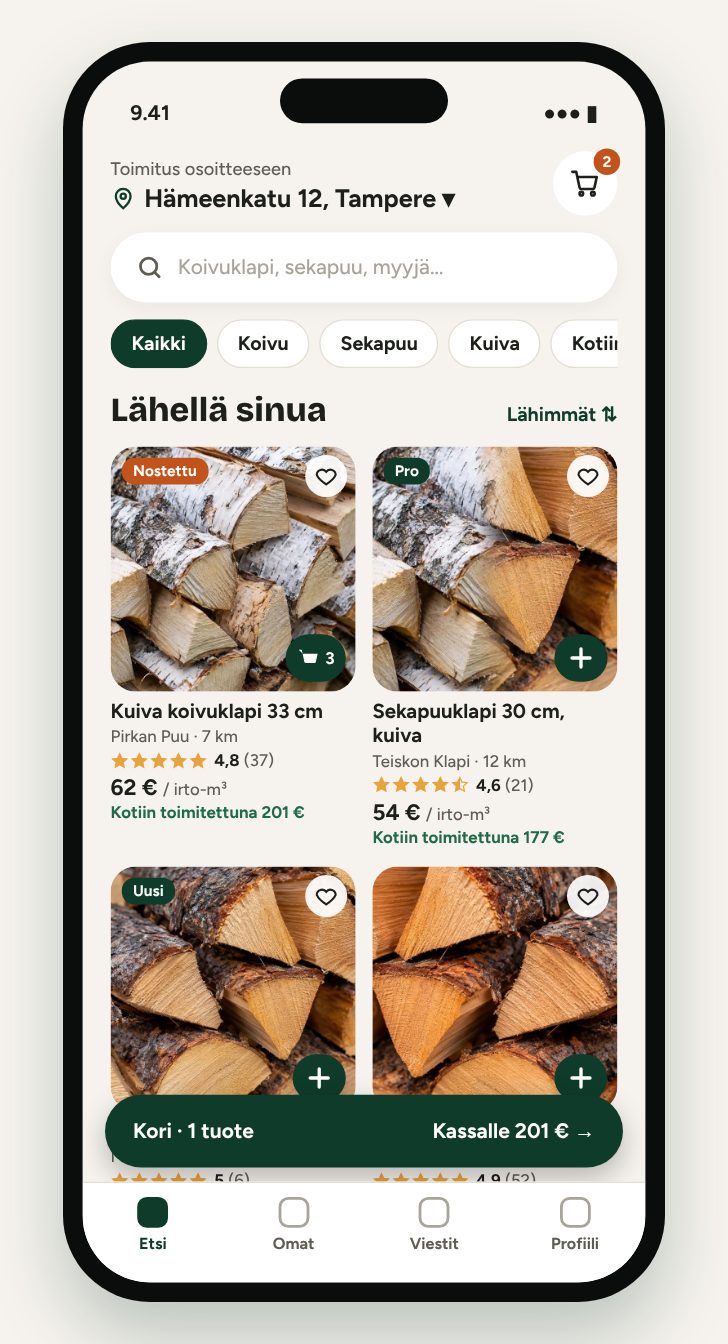 Hakunäkymä: ilmoitukset hintoineen kotiin toimitettuna